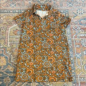 Retro Floral Collared Shift Dress in Olive & Orange by Misha & Puff